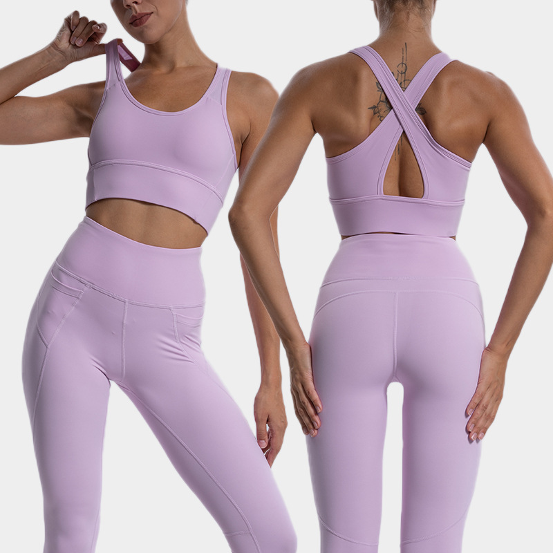 Logotipo personalizado High-Support Seamless Active Wear Mujeres Cross Back Sports Yoga Bra Set